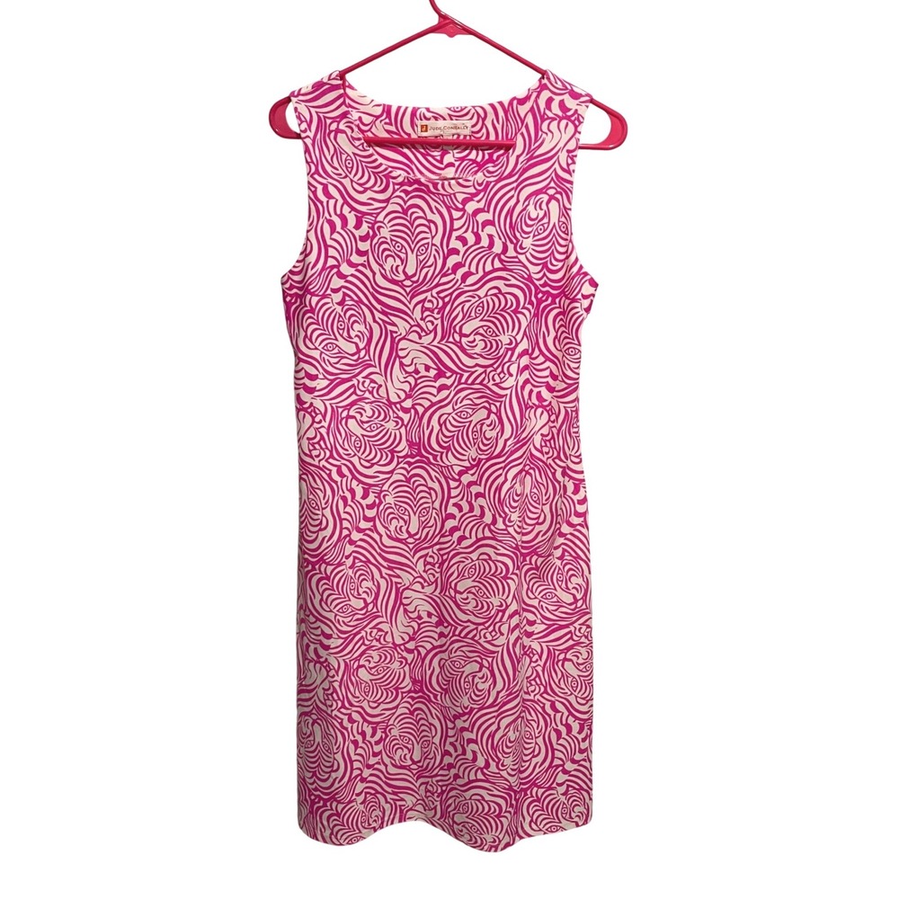 Jude Connally Hidden Tiger Sleeveless Shift Dress‎ Pink White Abstract Print L